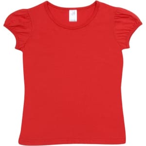 A red short puff sleeve T-shirt with a round neckline and gathered sleeves. It features a label inside.