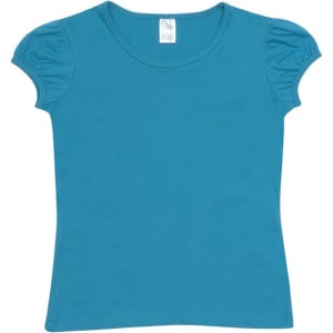 A teal girls' short puff sleeve T-shirt with a round neckline and a label at the collar.