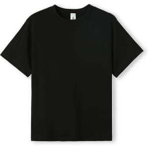 A black kid's regular T-shirt displayed on a plain background, featuring a logo at the neckline.