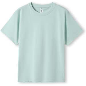 A mint green kid's regular T-shirt with a round neckline and short sleeves. It features a logo on the label.