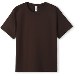 A brown kid's regular T-shirt with short sleeves and a simple design. It includes a branding tag.