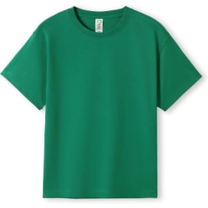 A green kid's regular T-shirt with a classic crew neckline and short sleeves. It has a tag inside.