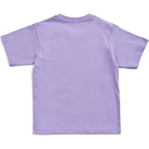 A purple kid's regular T-shirt featuring short sleeves and a simple design. It has a logo on the back.