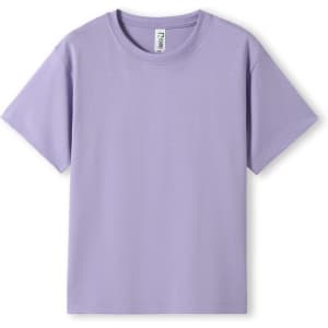 A lilac kid's regular T-shirt with short sleeves and a crew neck design. It features a logo on the inside label.