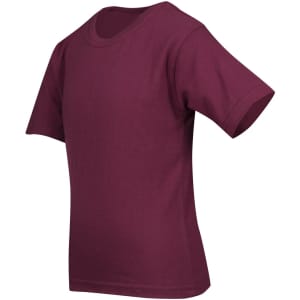 A burgundy regular T-shirt with short sleeves, featuring a fitted design and no visible logos.