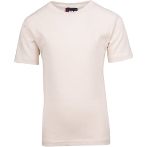 A kid's regular t-shirt in a light beige colour, featuring short sleeves and a round neck. It has a logo on the label.