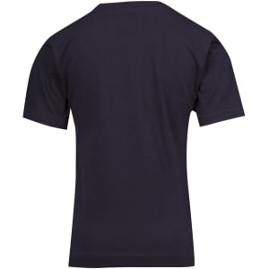 A back view of a navy blue kid's regular T-shirt with short sleeves and a plain design, featuring a logo.
