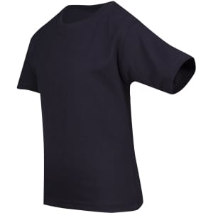 A black kid's regular T-shirt with short sleeves and a round neckline. It features a logo on the side.