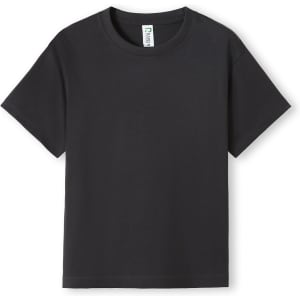 A black kid's regular T-shirt featuring a simple design and a tag inside.