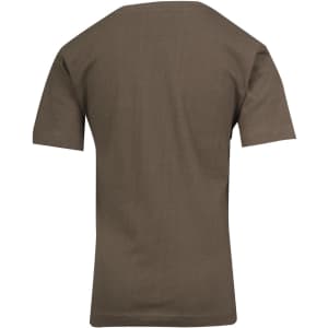 A kid's regular T-shirt in olive green, featuring a plain back without any visible branding or design.