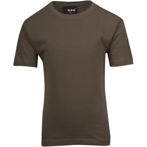 A kids' regular t-shirt in olive green, featuring short sleeves and a round neckline. Includes a logo label.