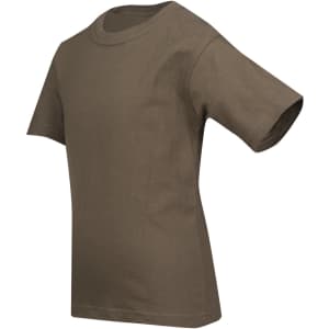 A children's regular T-shirt in olive green, featuring short sleeves and a crew neckline. It has a logo.