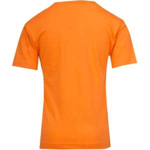 An orange regular T-shirt for kids, featuring a simple design and a plain back. It has a logo on the label.