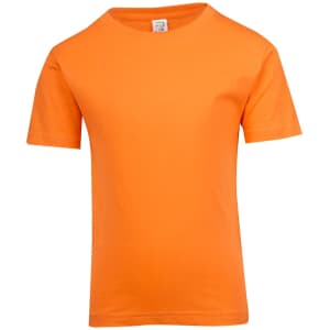 An orange kid's regular T-shirt with short sleeves and a round neckline. It features a label inside.