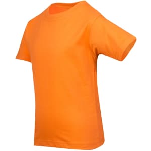 An orange kid's regular T-shirt with short sleeves, featuring a simple design and no visible branding.