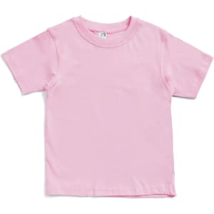 A pink kid's regular T-shirt with a crew neck and short sleeves, featuring a logo on the inside neck.