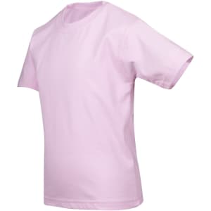 A pink kid's regular T-shirt with short sleeves and a plain design. It has a logo on the side.