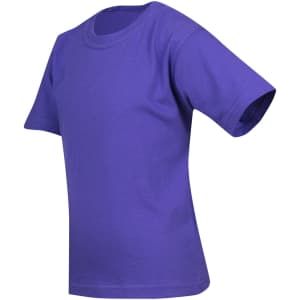 A purple regular t-shirt for kids, featuring short sleeves and a crew neck design, with branding on the label.