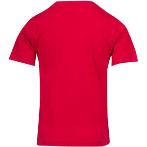 A red kid's regular T-shirt with short sleeves and a plain back. There's a logo on the back.