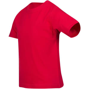 A red kid's regular T-shirt with short sleeves and a round neckline, featuring a logo.