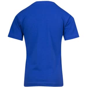 A blue kid's regular T-shirt featuring a plain back design and short sleeves, with a logo present.