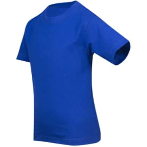 A blue kid's regular T-shirt with short sleeves and a classic crew neck, featuring a logo.