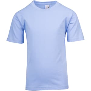 A light blue kid's regular t-shirt with short sleeves, featuring a label and no visible logos.