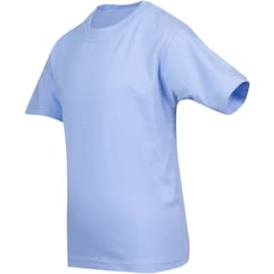 A light blue kid's regular T-shirt featuring short sleeves and a front view. The item has a logo on the side.