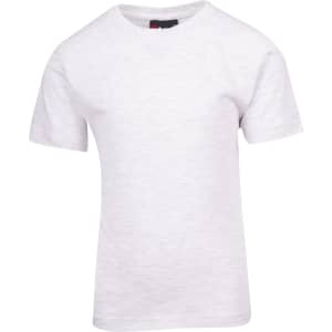 A white kid's regular T-shirt featuring short sleeves and a simple design. It includes a brand label.