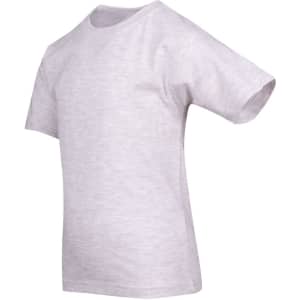 A light grey kid's t-shirt with short sleeves and a rounded neck, featuring a logo on the front.