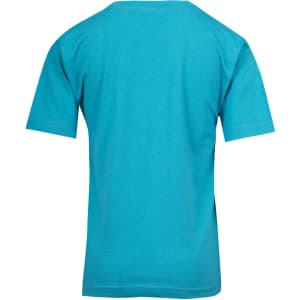 A turquoise kid's regular T-shirt featuring short sleeves and a simple design, with a logo on the back.