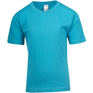 A turquoise kid's regular T-shirt with short sleeves and a crew neckline. The shirt has a label inside.