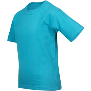 A turquoise kid's regular t-shirt with short sleeves and a round neck. It has a logo on the front.