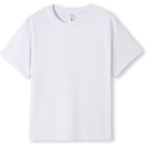 A white kid's regular T-shirt with short sleeves and a simple design, featuring a logo.