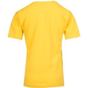 A yellow kids' regular T-shirt with short sleeves and a plain back, featuring a logo.