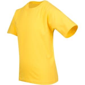 A yellow kid's regular T-shirt with short sleeves, featuring a simple design and a logo.