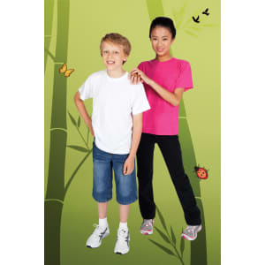 A white bamboo cotton T-shirt and a pink bamboo cotton T-shirt worn by children against a green bamboo backdrop.
