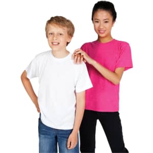 A white T-shirt worn by a boy and a pink T-shirt worn by a girl, both smiling, with a plain background.