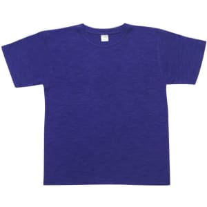 A purple bamboo cotton T-shirt with short sleeves and a round neckline, featuring a logo.