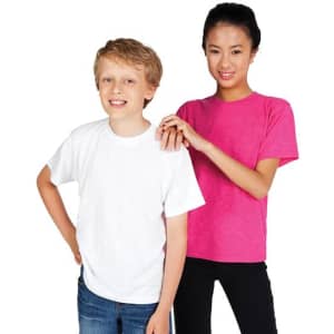 A white cotton T-shirt on a boy and a pink cotton T-shirt on a girl, both smiling against a plain background.