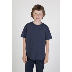 A navy crew neck T-shirt on a smiling child, featuring short sleeves and a simple design.
