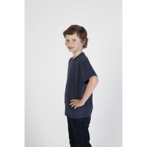 A navy blue crew neck T-shirt for kids, featuring short sleeves and a relaxed fit. Includes a brand logo.