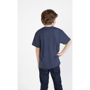 A navy blue kids' crew neck T-shirt is displayed on a child from the back, with denim jeans visible.