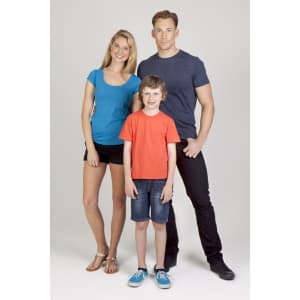 A group of three people wearing T-shirts: a blue shirt, an orange shirt, and a navy shirt, set against a neutral background.