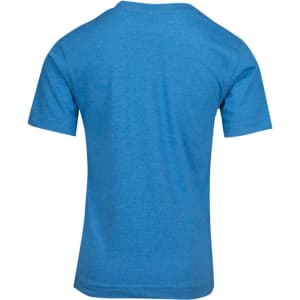 A blue kids' crew neck T-shirt featuring a plain back and short sleeves, with a logo on the design.