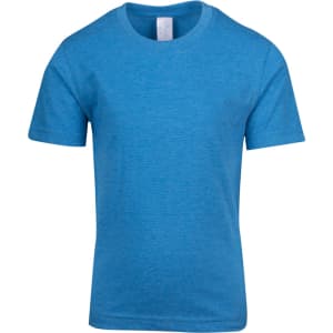 A blue kids' crew neck T-shirt with short sleeves and a tag inside. Features a logo on the collar.