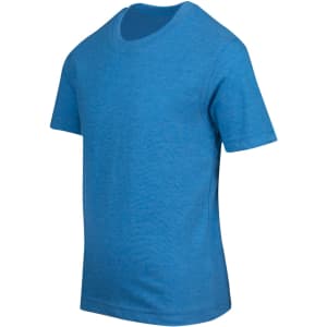 A blue crew neck T-shirt for kids, featuring short sleeves and a plain design. It has a logo on the label.
