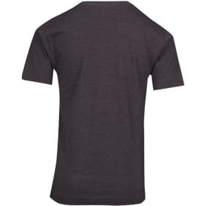 A dark grey crew neck t-shirt with short sleeves and a back view. The shirt features a logo on the side.