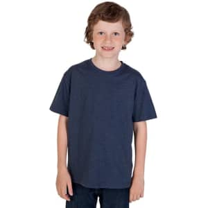 A navy crew neck T-shirt for kids, featuring short sleeves and a standard fit. The model is a smiling child.