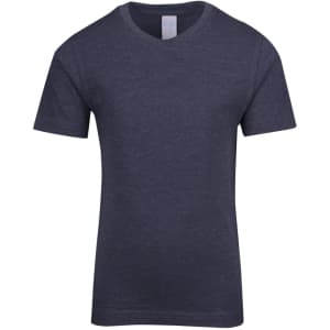 A navy crew neck t-shirt with short sleeves and a simple design, featuring a logo on the label.